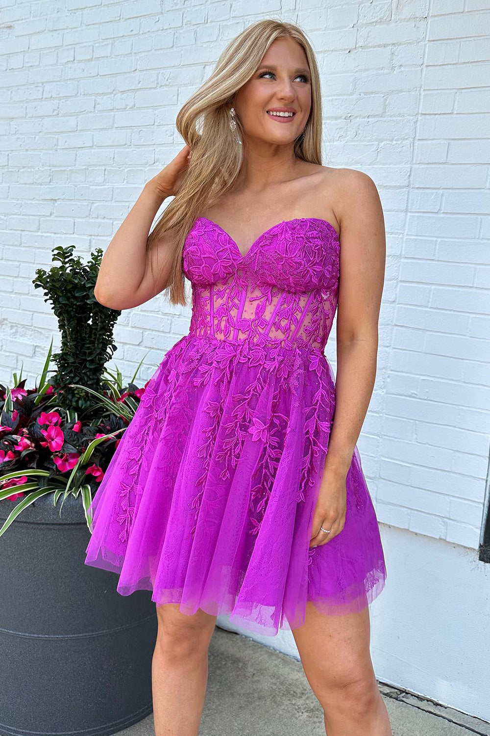 Sparkly Fuchsia Corset A-Line Tulle Short Homecoming Dress with Lace-BMbridal