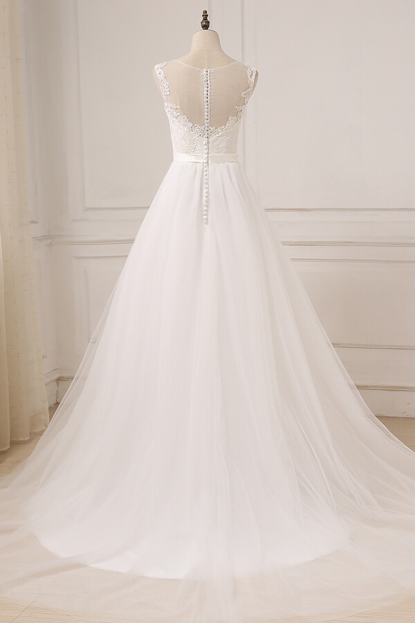 BMbridal Glamorous Tulle Sleeveless Jewel Wedding Dress White A-line Appliques Bridal Gowns On Sale