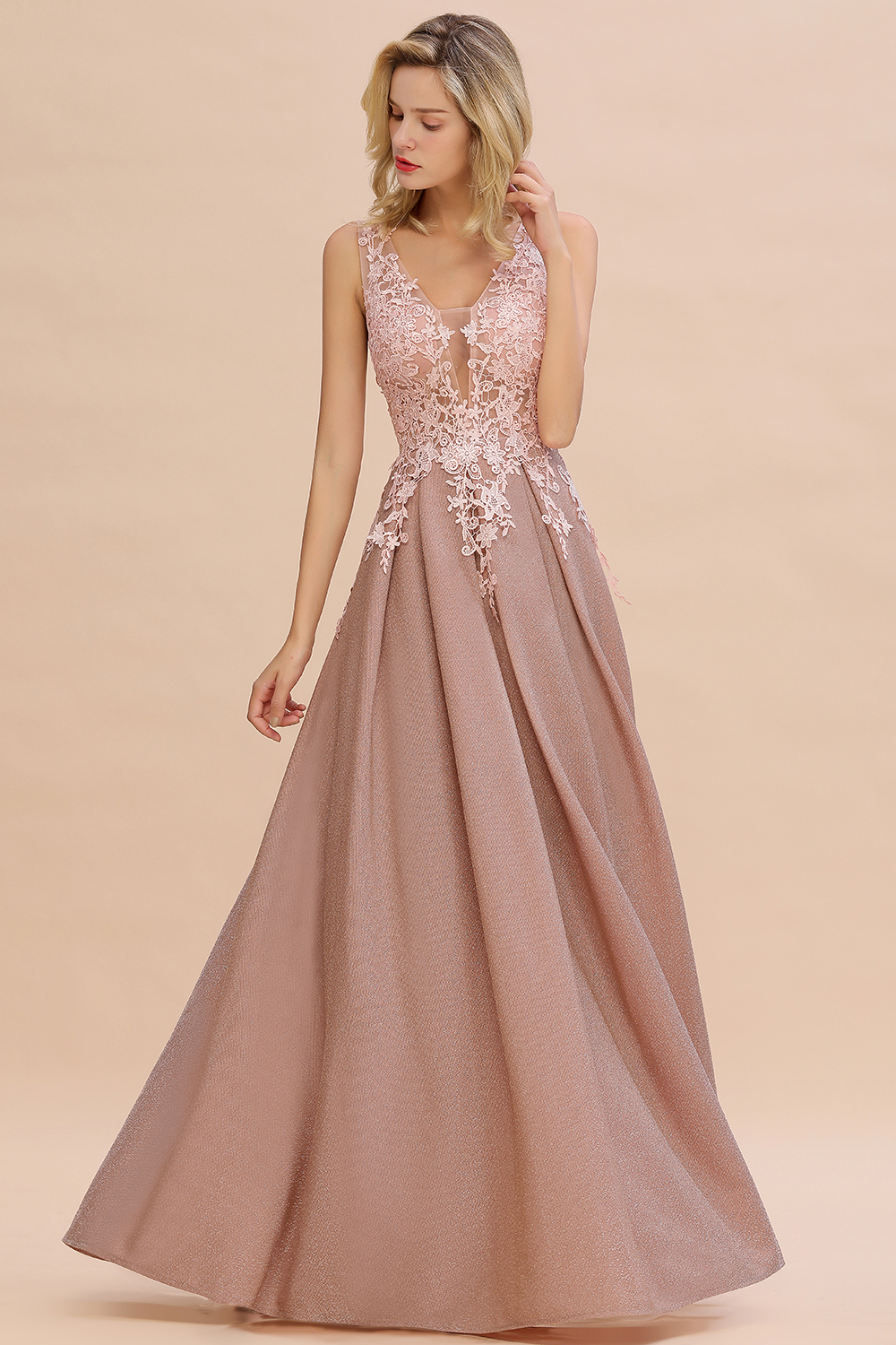 BMbridal Dusty Pink V-Neck Long Prom Dress With Lace Appliques Online