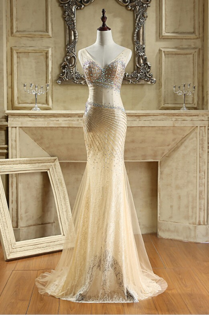 BMbridal Glamorous Tulle V-Neck Sleeveless Mermaid Prom Dresses with Beadings