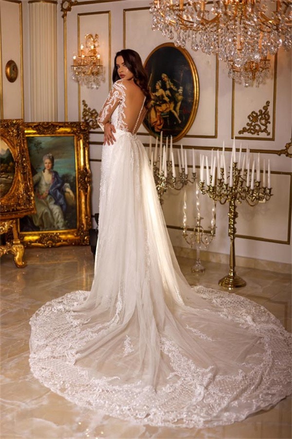 Bmbridal Long Sleeves Mermaid Wedding Dress Lace With Ruffles-BMbridal