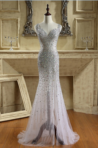 BMbridal Glamorous Straps V-Neck Tulle Beadings Prom Dresses Sleeveless Mermaid Crystals Formal Dresses Online-BMbridal