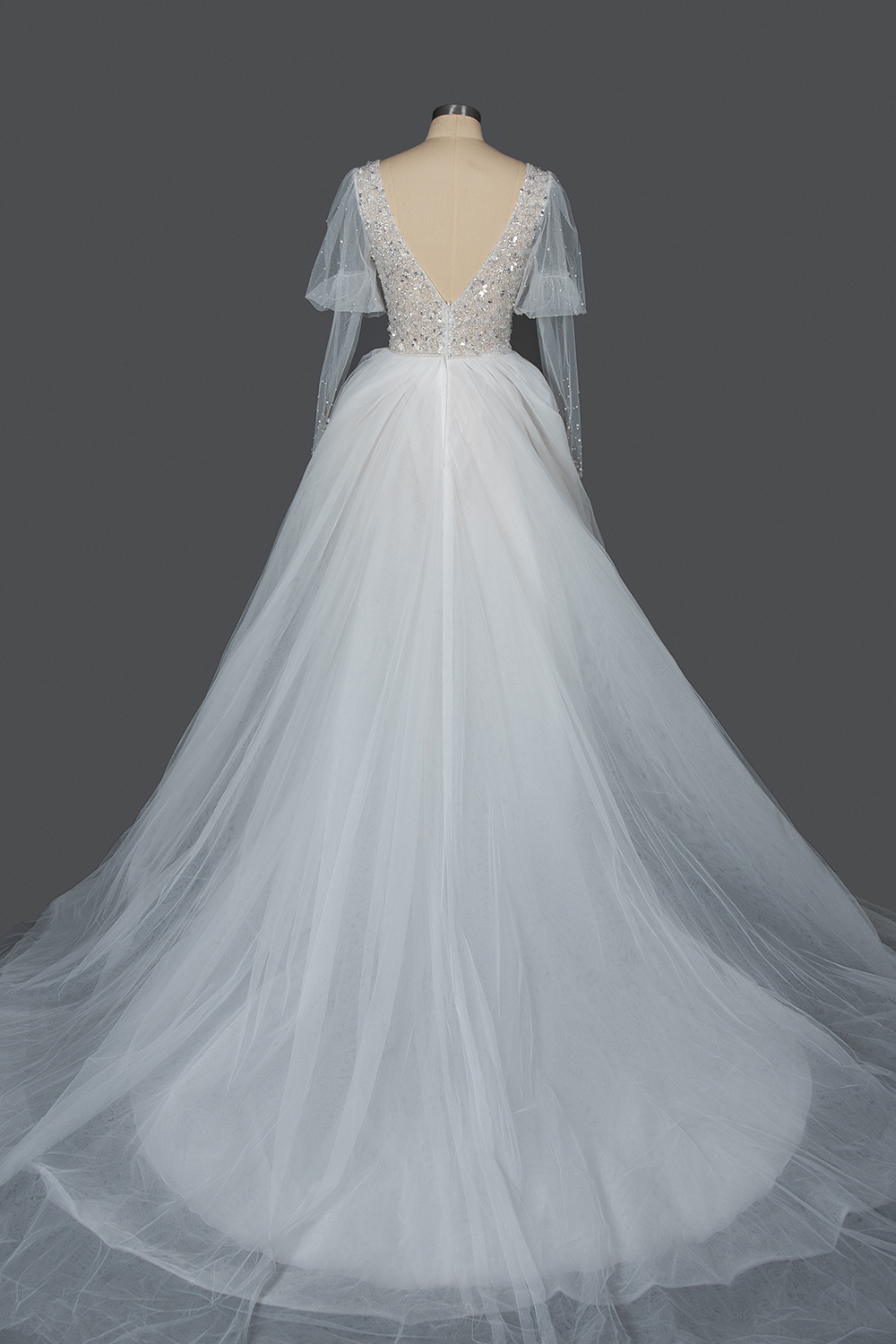 Bmbridal Sheer Long Sleeves Ball Gown Wedding Dress Tulle With Beads-BMbridal
