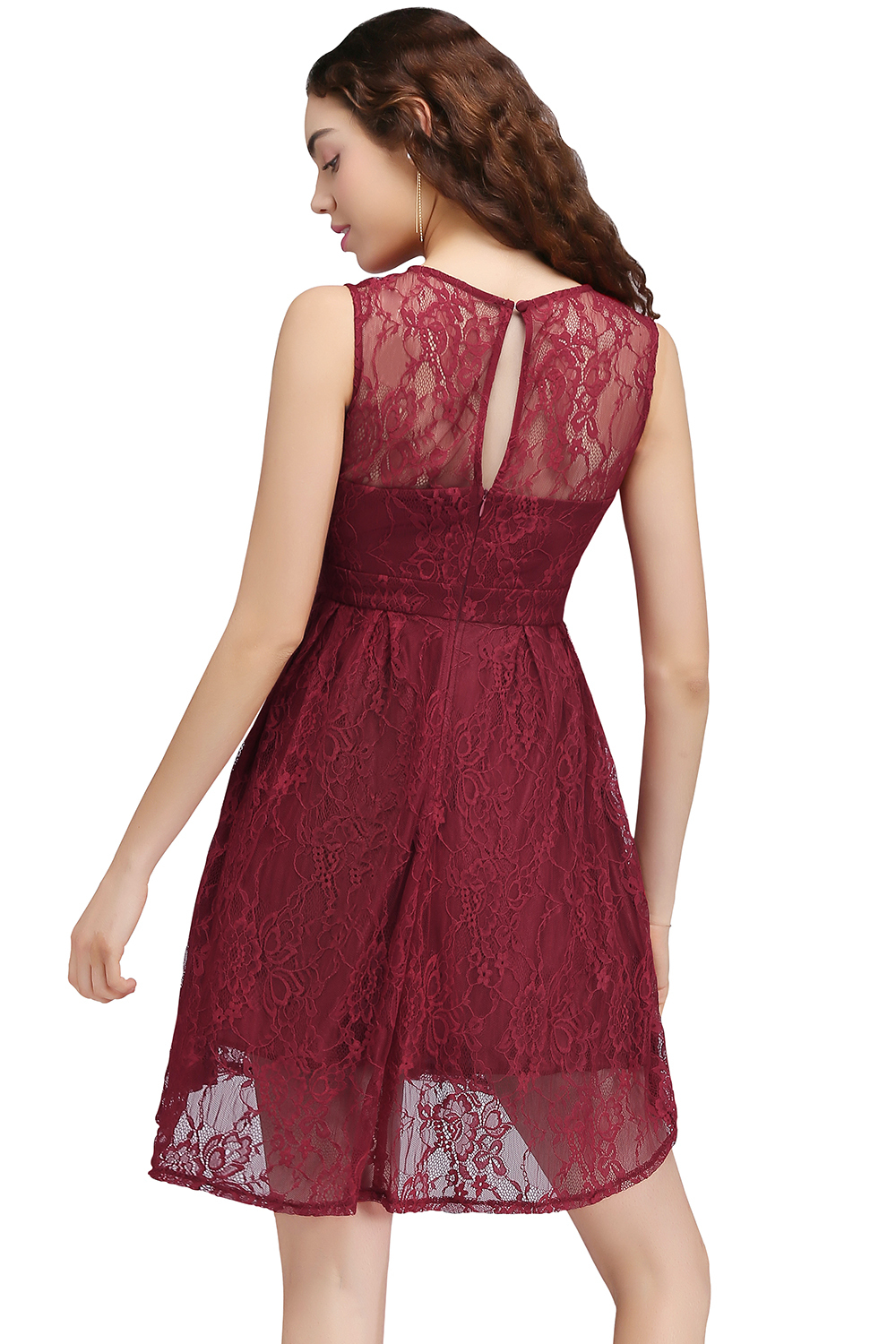 BMbridal A-Line Round Neck Short Lace Burgundy Homecoming Dress