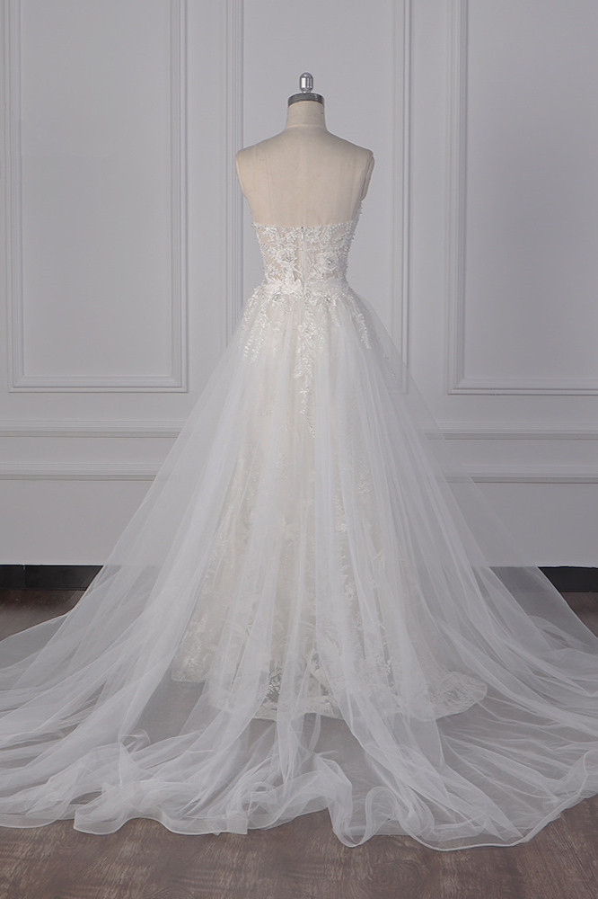 BMbridal Stylish Strapless Tulle Lace Wedding Dress Sweetheart Appliques Bridal Gowns with Overskirt On Sale-BMbridal