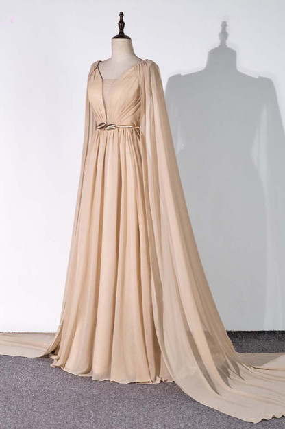 BMbridal Chic Chiffon V-Neck Ruffle Prom Dresses with Beadings Sash On Sale