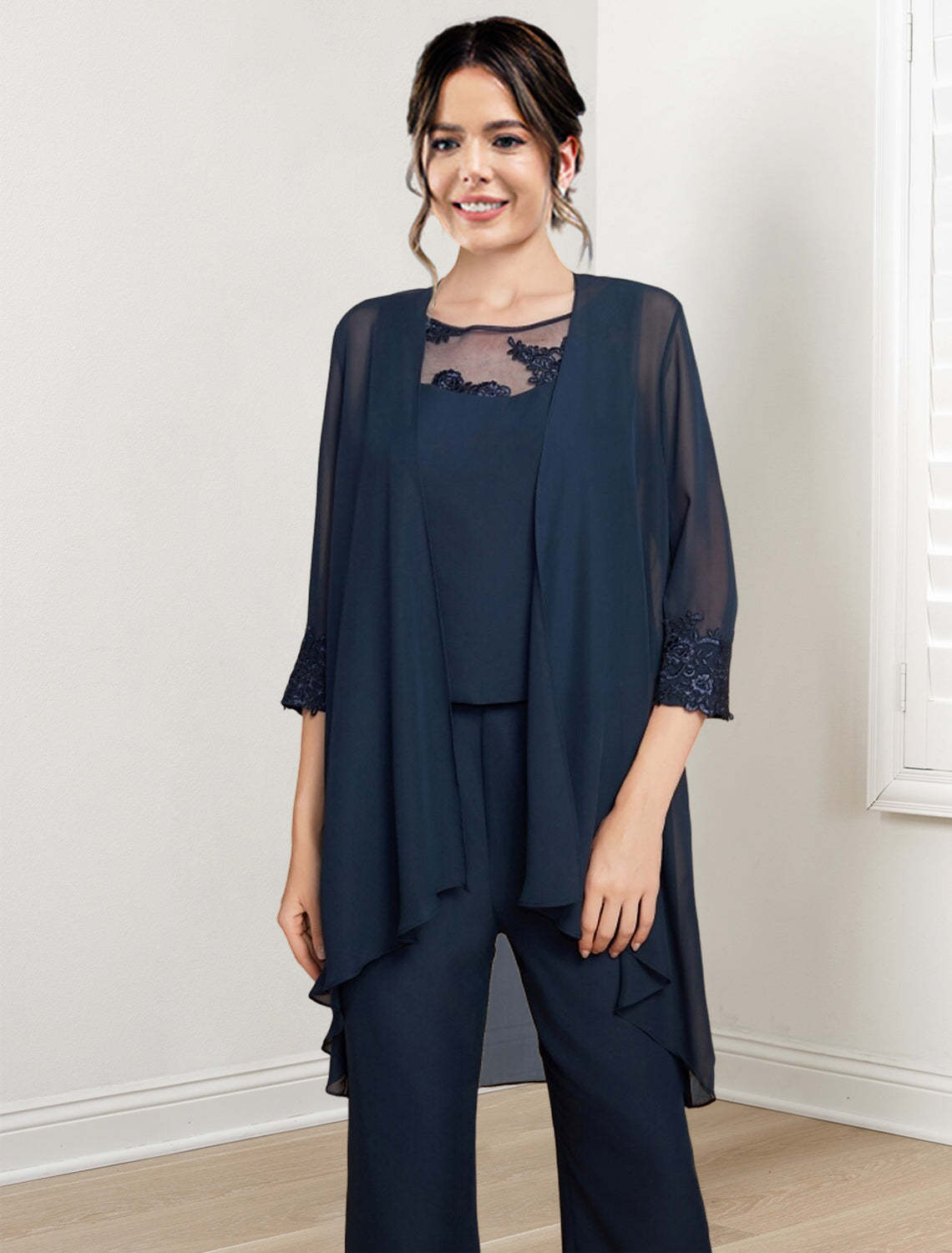 Mother of the Bride Scoop Neck Chiffon Pantsuit with Jacket-BMbridal