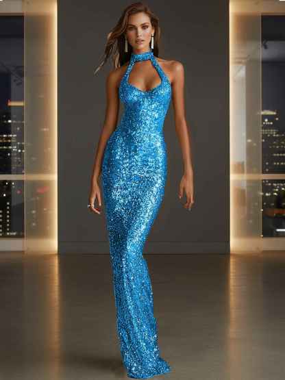 Glamorous Gold Sequin Halter Neck Mermaid Long Prom Dress