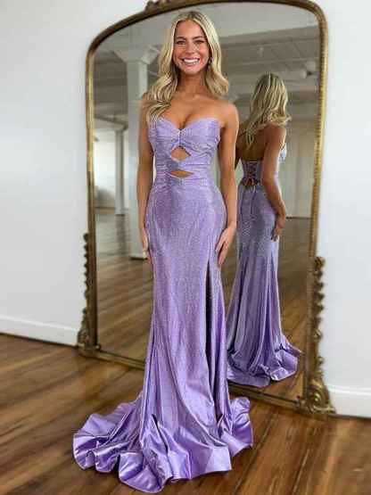 Light Yellow Mermaid Strapless Keyholes Prom Dress with Beads