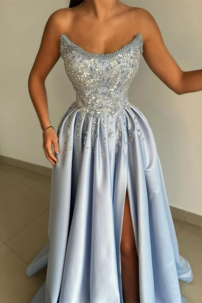 Baby Blue Strapless Prom Dress A-Line With Beads Pearls Online
