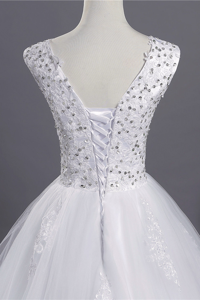 BMbridal Glamorous V-Neck Sequins White Tulle Wedding Dress Sleevels Lace Appliques Bridal Gowns On Sale-BMbridal
