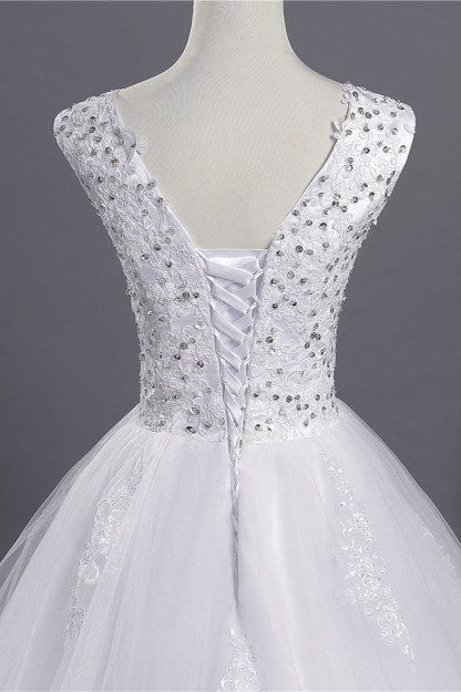 BMbridal Glamorous V-Neck Sequins White Tulle Wedding Dress Sleevels Lace Appliques Bridal Gowns On Sale-BMbridal