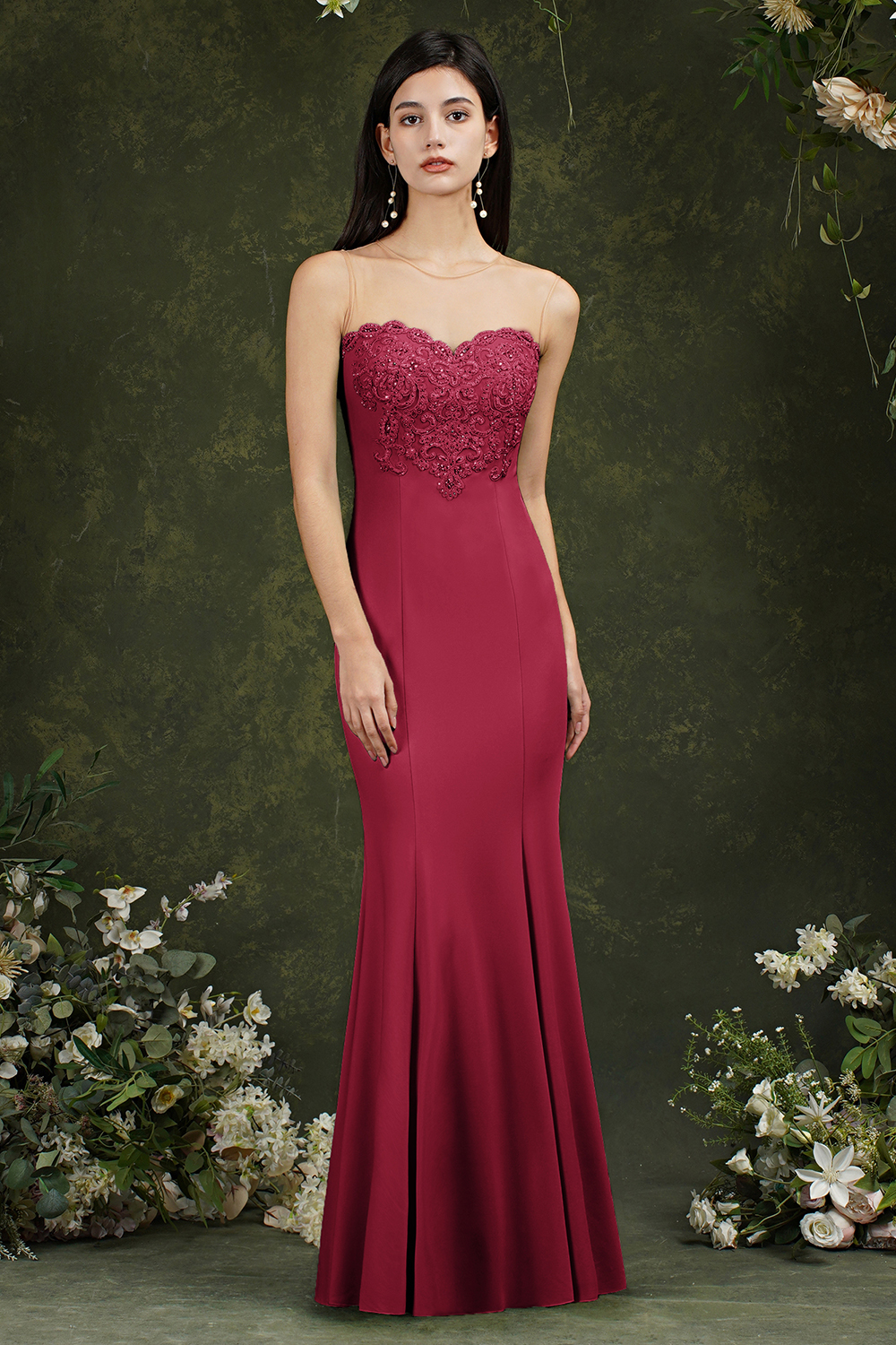 Bmbridal Burgundy Illussion Neck Mermaid Prom Dress Long With Appliques