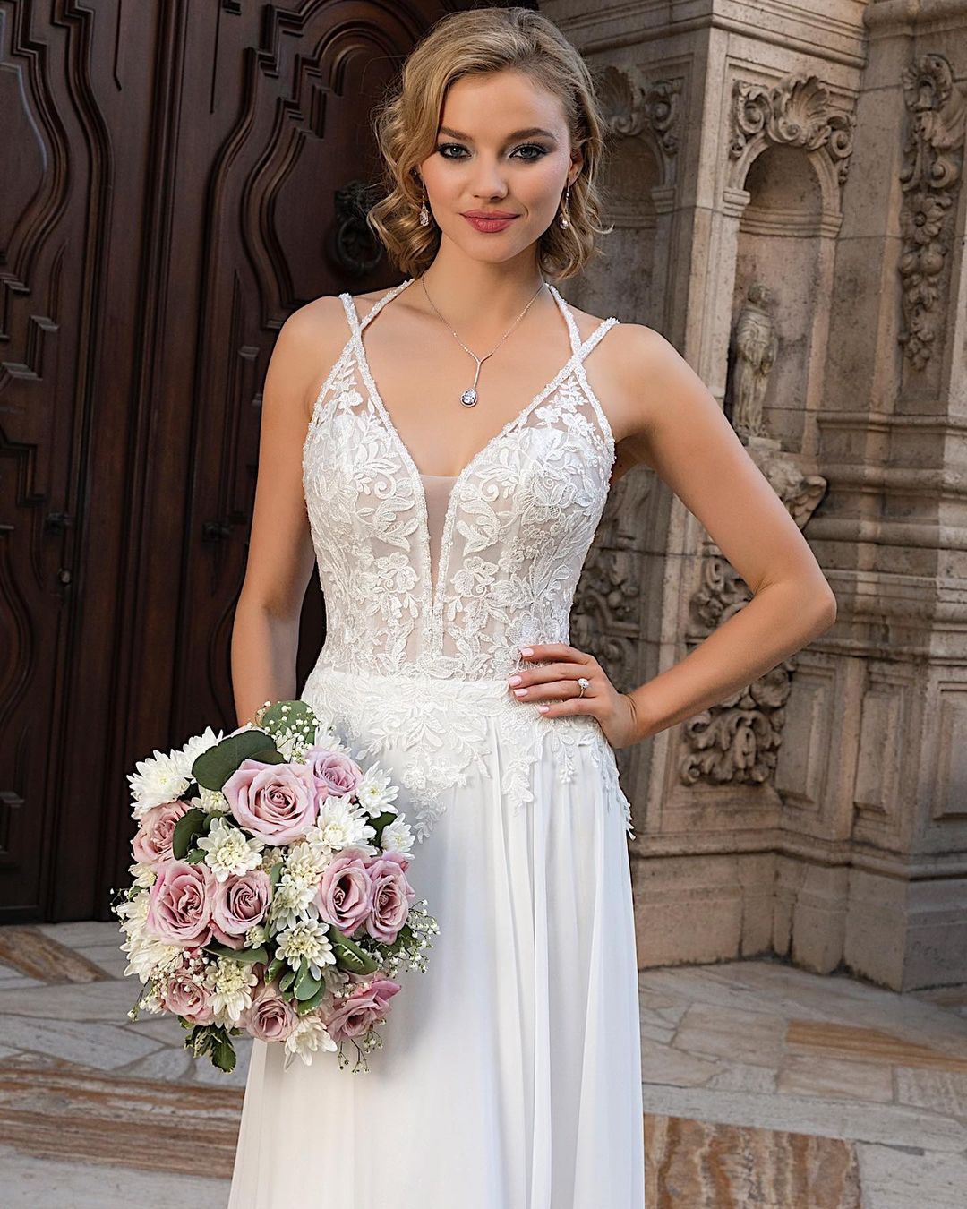 Elegant V-Neck Long A-Line Split Wedding Dress with Chiffon Lace