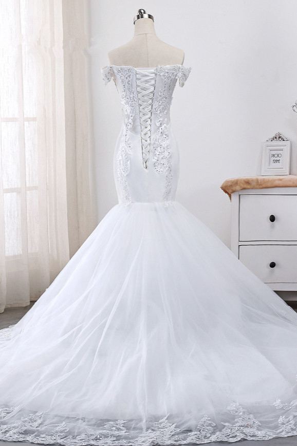 BMbridal Glamorous Off-the-Shoulder Short Sleeves Wedding Dress Sweetheart Mermaid Tulle Appliques Beadings Bridal Gowns On Sale-BMbridal