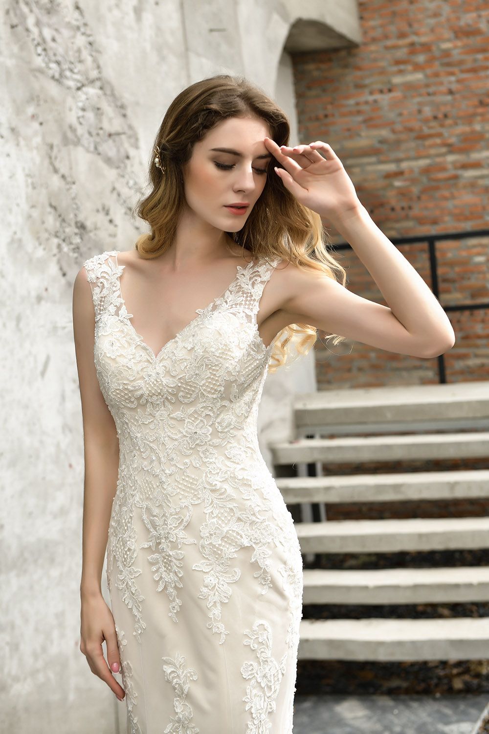 BMbridal Glamorous Mermaid Satin Lace Open Back Wedding Dress