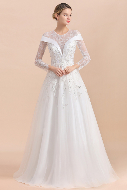 BMbridal Gorgeous Long Sleeve Lace Wedding Dress Online Appliques Bridal Gowns With Beadings