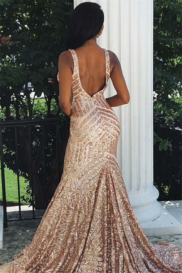 Bmbridal Sexy V-Neck Sequins Prom Dress Mermaid Sleeveless Long