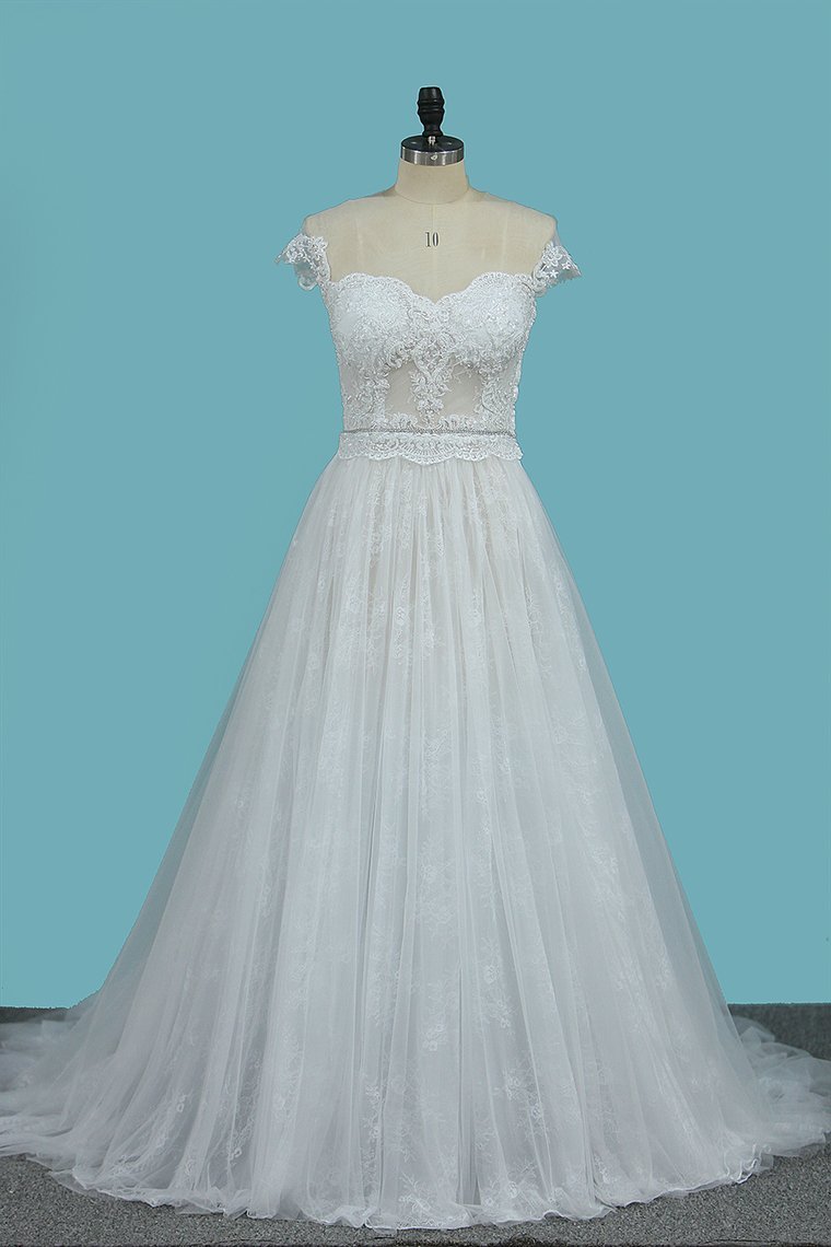 BMbridal Chic Jewel Sleeveless Tulle Wedding Dress Lace Appliques Ruffles Bridal Gowns On Sale-BMbridal