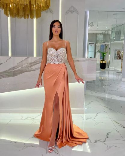 Prom Dress Baby Blue With High Slit Spaghetti Strap Sweetheart Appliques