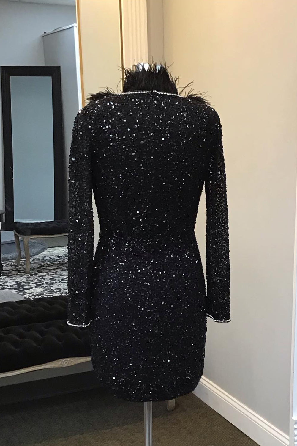Sparkly Black Long Sleeves Sequins Tight Beaded Short Homecoming Dress with Feathers-BMbridal