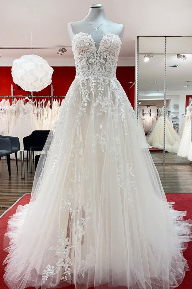 BMbridal Strapless Ruffles Tulle Lace Ivory A-Line Wedding Dresses-BMbridal