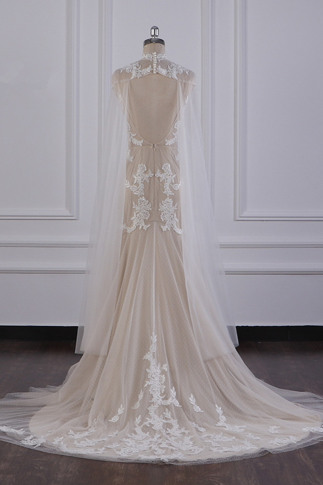BMbridal Chic High-Neck Tulle Champagne Wedding Dress Mermaid Sleeveless Appliques Bridal Gowns Online-BMbridal