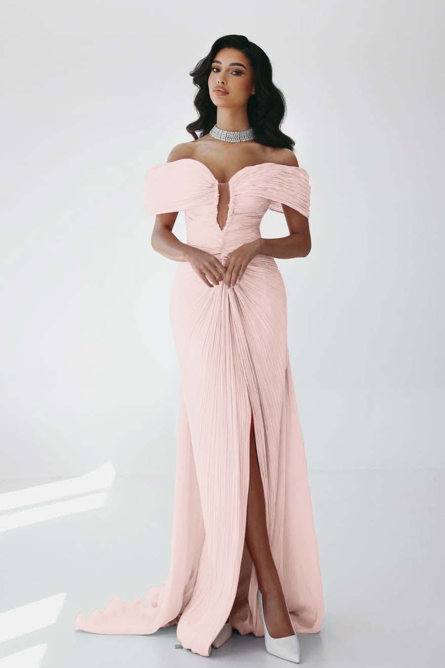 Off the Shoulder Sleeveless Long Mermaid Prom Dress With Ruffles Pleated
