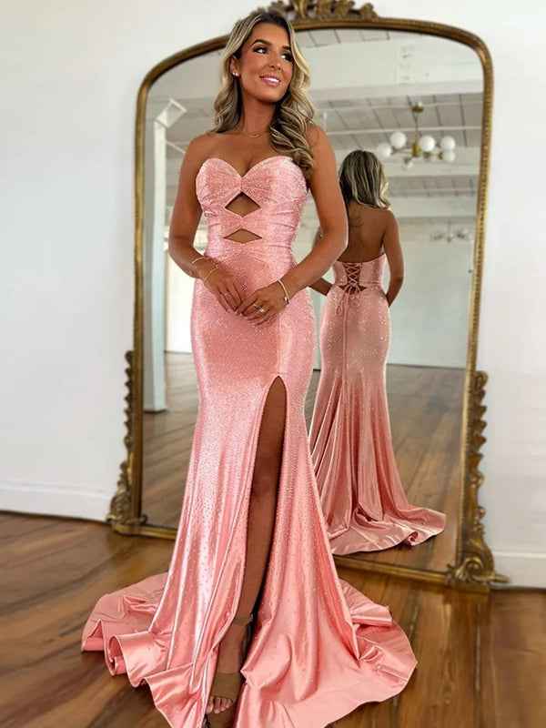 Light Yellow Mermaid Strapless Keyholes Prom Dress with Beads