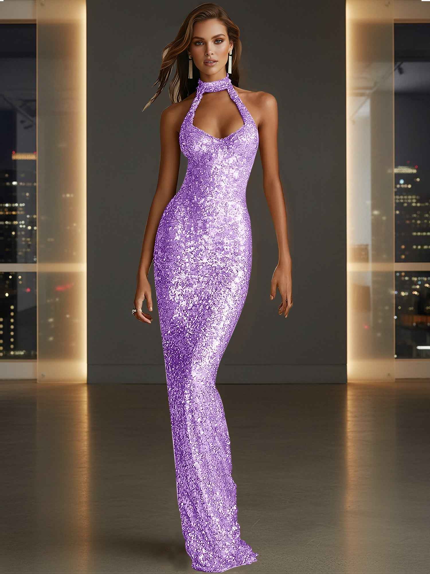 Glamorous Gold Sequin Halter Neck Mermaid Long Prom Dress