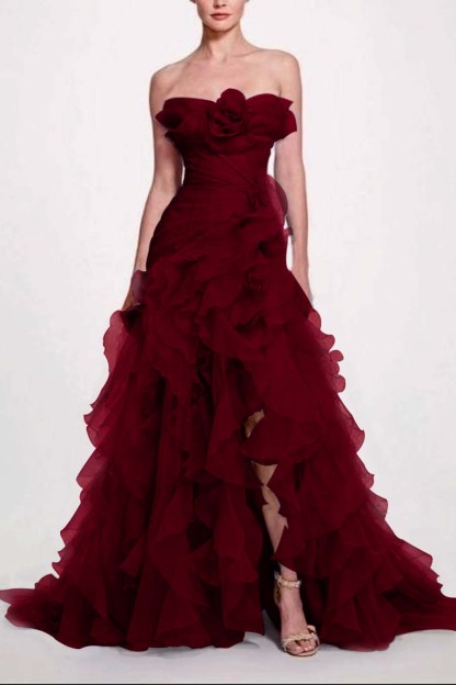 Strapless Sleeveless Long High Split Prom Dress With Pleated