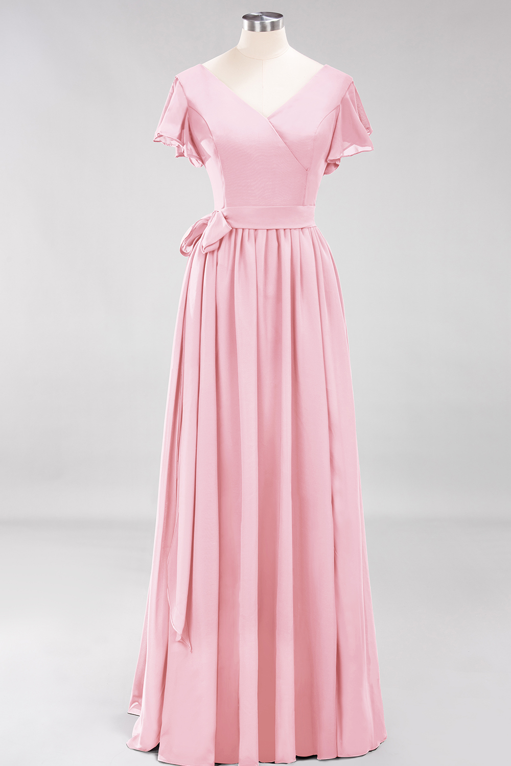 BMbridal Burgundy V-Neck Long Bridesmaid Dress With Short-Sleeves-BMbridal