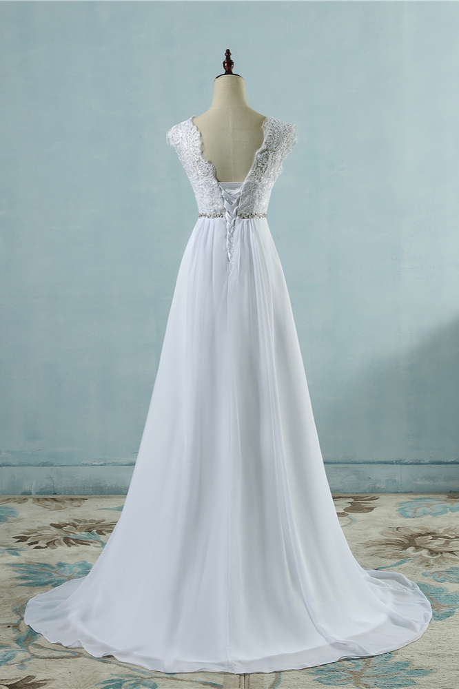BMbridal Affordable Chiffon Jewel Lace Ruffles Wedding Dress Sleeveless Appliques Bridal Gowns with Beading Sash-BMbridal