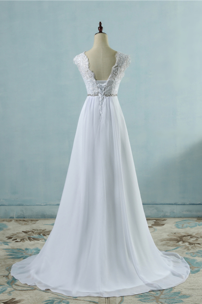 BMbridal Affordable Chiffon Jewel Lace Ruffles Wedding Dress Sleeveless Appliques Bridal Gowns with Beading Sash-BMbridal
