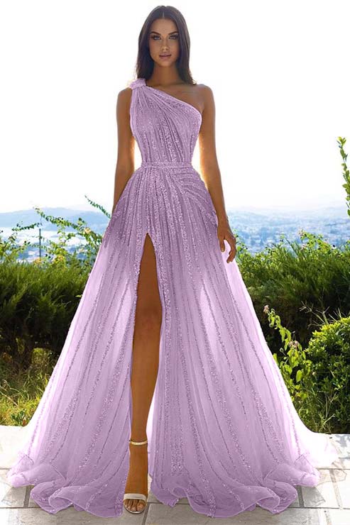 Tulle Sequins One Shoulder A Line Long Prom Dress Daffodil With Front Split