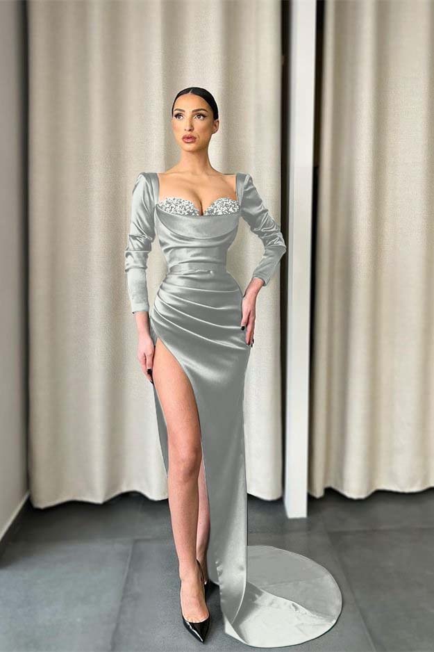 Long Sleeves Dark Green Sweetheart Split Prom Dress With Sequins