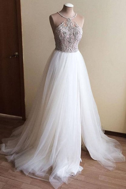 BMbridal Glamorous White Tulle Crystal Beaded Wedding Dress Halter Seeveless Bridal Gowns On Sale