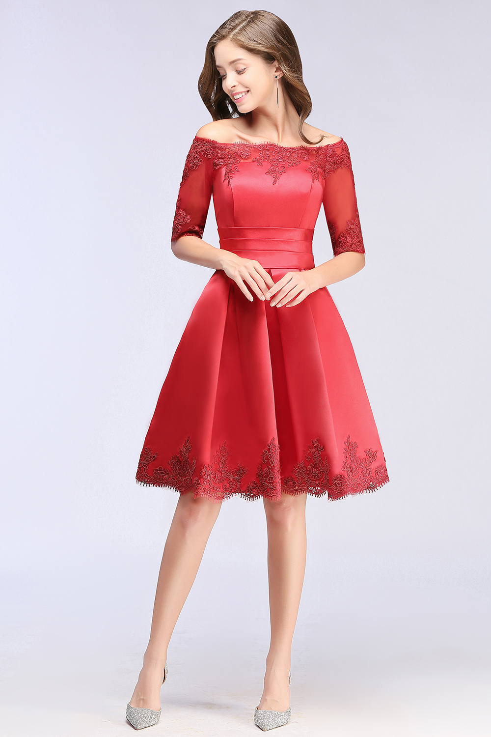 BMbridal Chic Half Sleeve Lace-up Off-shoulder Lace Appliques Short Prom Dress