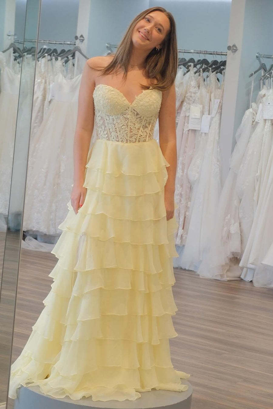 A Line Sweetheart Light Blue Long Tiered Chiffon Prom Dress with Appliques