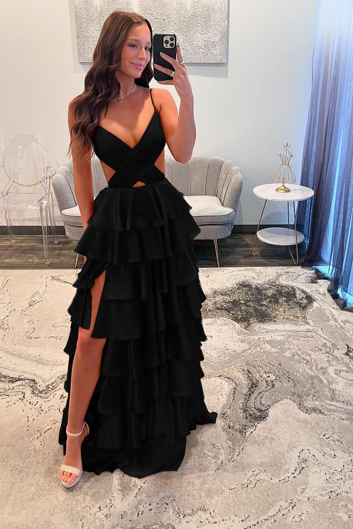 Spaghetti Strap Sleeveless Long Split Prom Dress With Ruffles