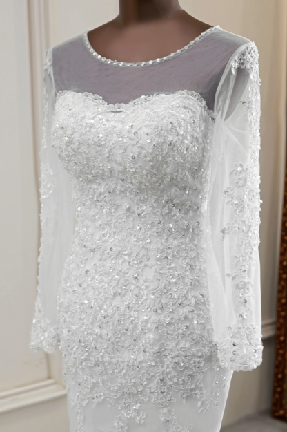 BMbridal Elegant Jewel Long Sleeves White Mermaid Wedding Dresses with Rhinestone Applqiues