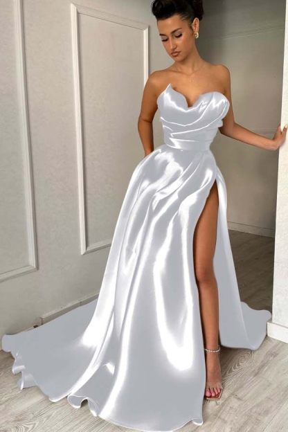 Strapless Sleeveless Long Prom Dress With High Split Pleated
