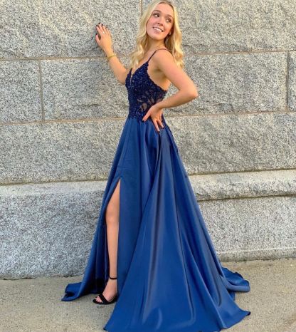 Bmbridal Spaghetti-Straps Slit Prom Dress Long With Lace Appliques