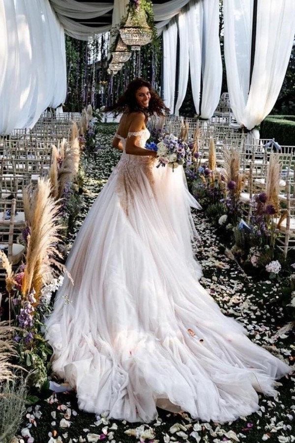 Bmbridal Champagne Tulle Bridal Dress Off-the-Shoulder With Appliques-BMbridal