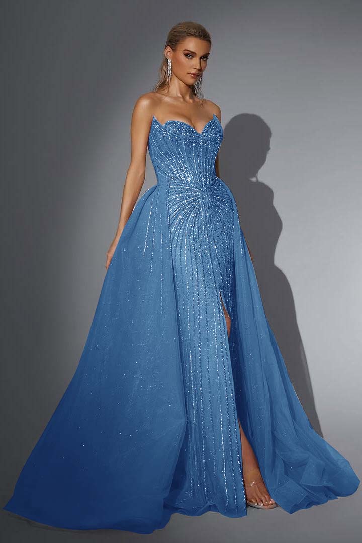 Strapless Sleeveless Long Mermaid Prom Dress With Split Sequins