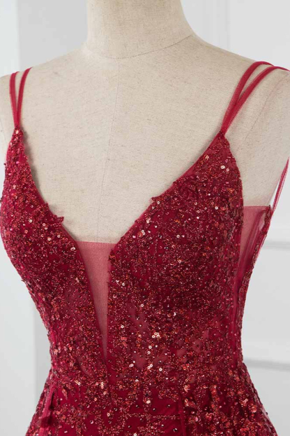 BMbridal Gorgeous Spaghetti Straps Burgundy Prom Dresses with Beading Appliques
