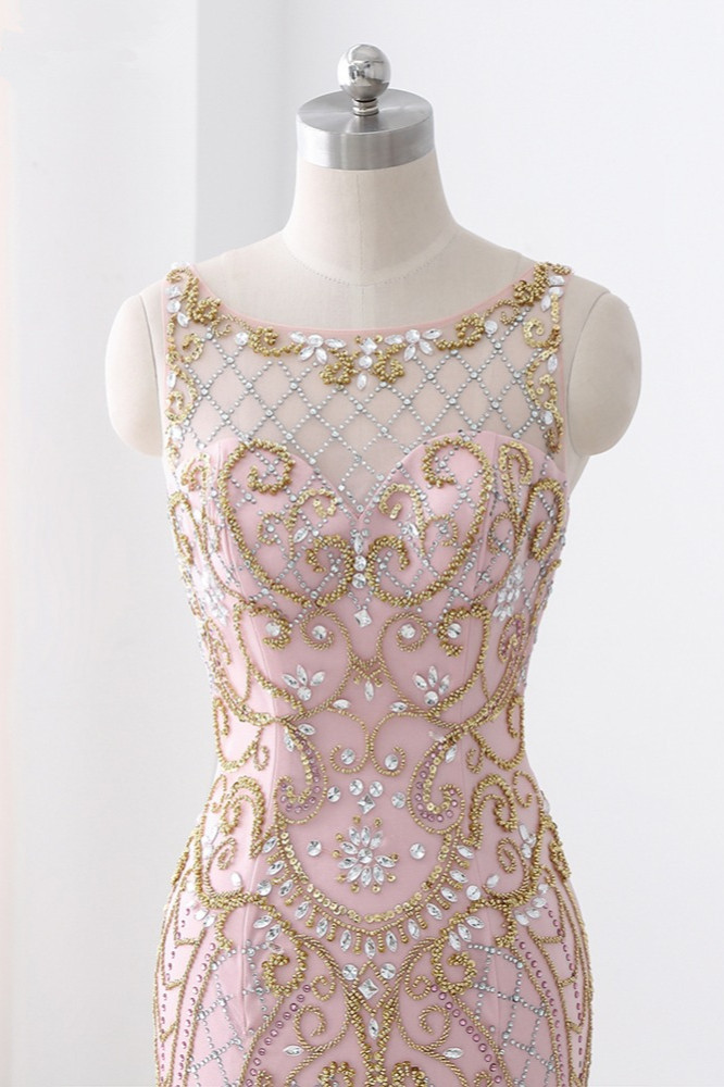 BMbridal Gorgeous Jewel Pink Tulle Prom Dresses Mermaid Rhinestones Appliques Formal Dresses On Sale