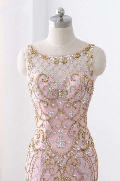 BMbridal Gorgeous Jewel Pink Tulle Prom Dresses Mermaid Rhinestones Appliques Formal Dresses On Sale