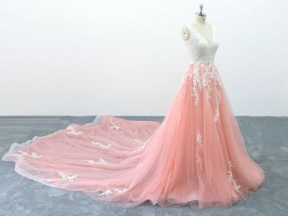 BMbridal Chic Peach Pink Tulle Lace Wedding Dress Cathedral Train Bridal Gowns On Sale