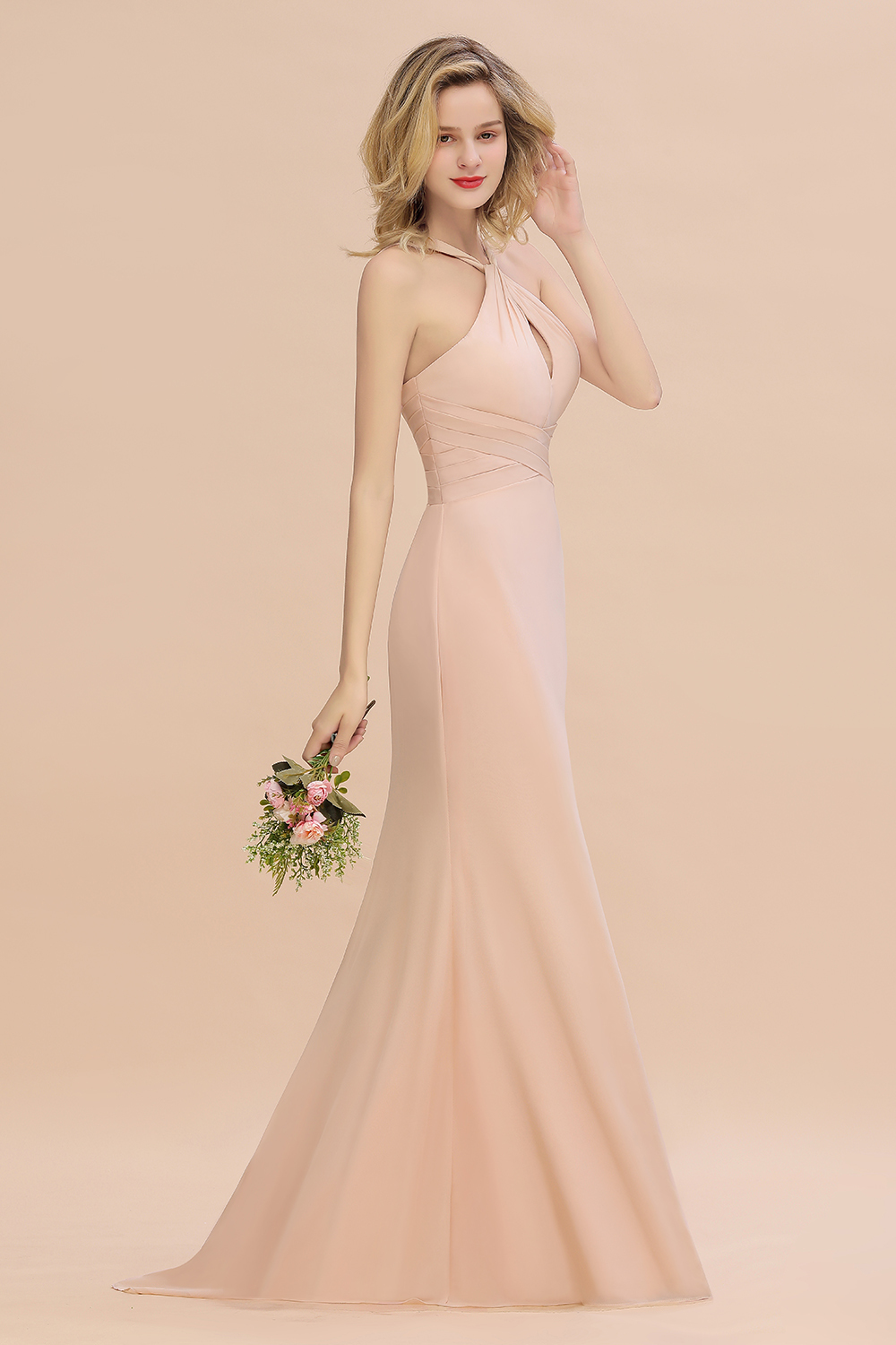 BMbridal Chic Mermaid Keyhole Pink Chiffon Long Bridesmaid Dress Affordable with Ruffle-BMbridal